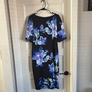London Times and Purple Flutter Sleeve Sheath Midi Dress - 12